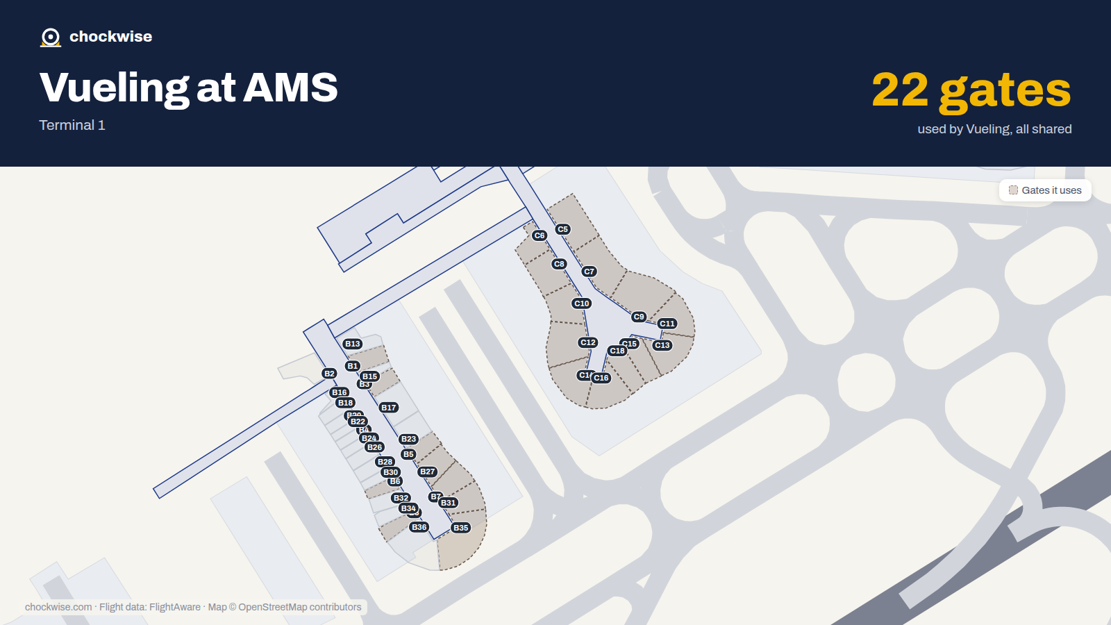 Map of AMS with the gates Vueling uses highlighted: B1, B3, B5, C5, B6, C6, B7, C7 and 14 more.