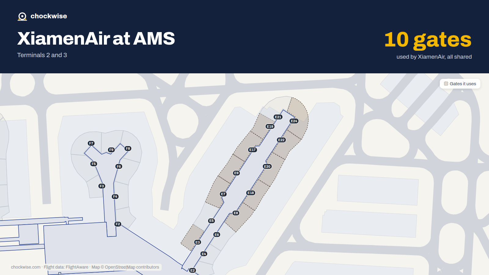 Map of AMS with the gates Xiamen Airlines uses highlighted: E3, E7, E8, E9, E17, E18, E19, E20 and 2 more.