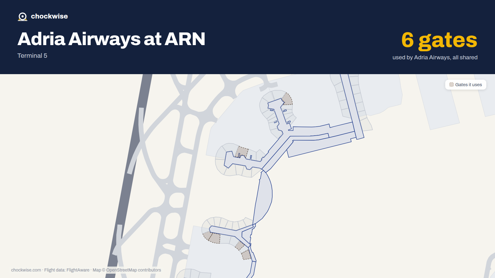 Map of ARN with the gates Adria Airways uses highlighted: E8, D16, C31, C33, C39 and C41.