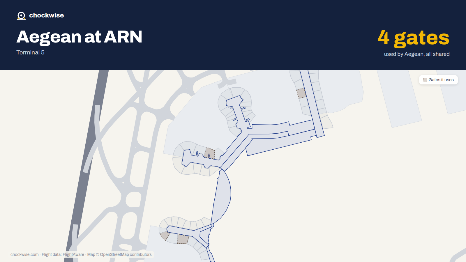 Map of ARN with the gates Aegean Airlines uses highlighted: D14, F33, C37 and C41.