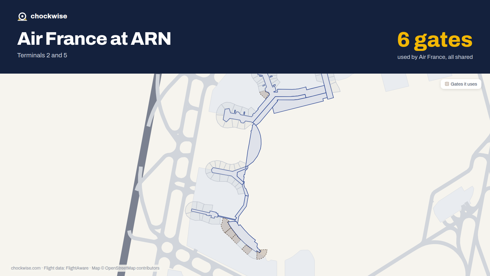 Map of ARN with the gates Air France uses highlighted: E1, 62, 63, 64, 66 and 68.
