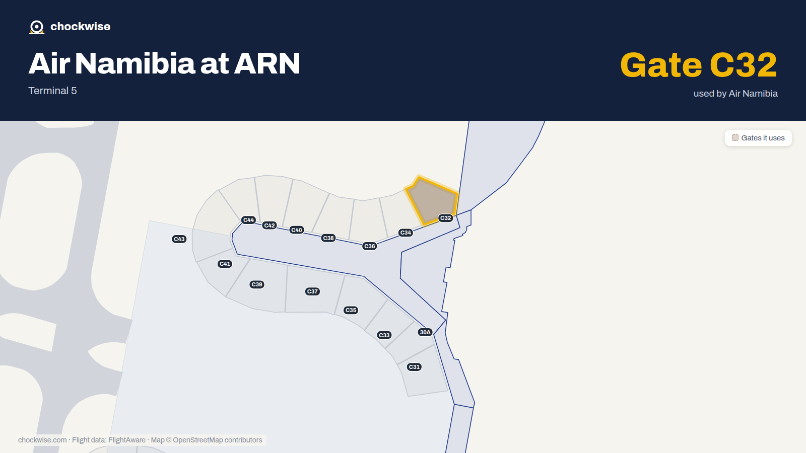 Map of ARN with the gates Air Namibia uses highlighted: C32.