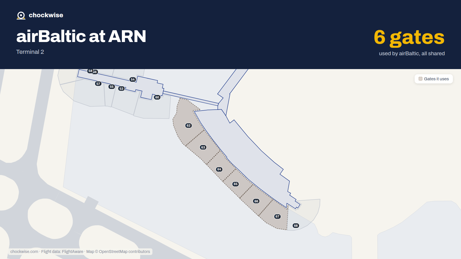 Map of ARN with the gates airBaltic uses highlighted: 62, 63, 64, 65, 66 and 67.