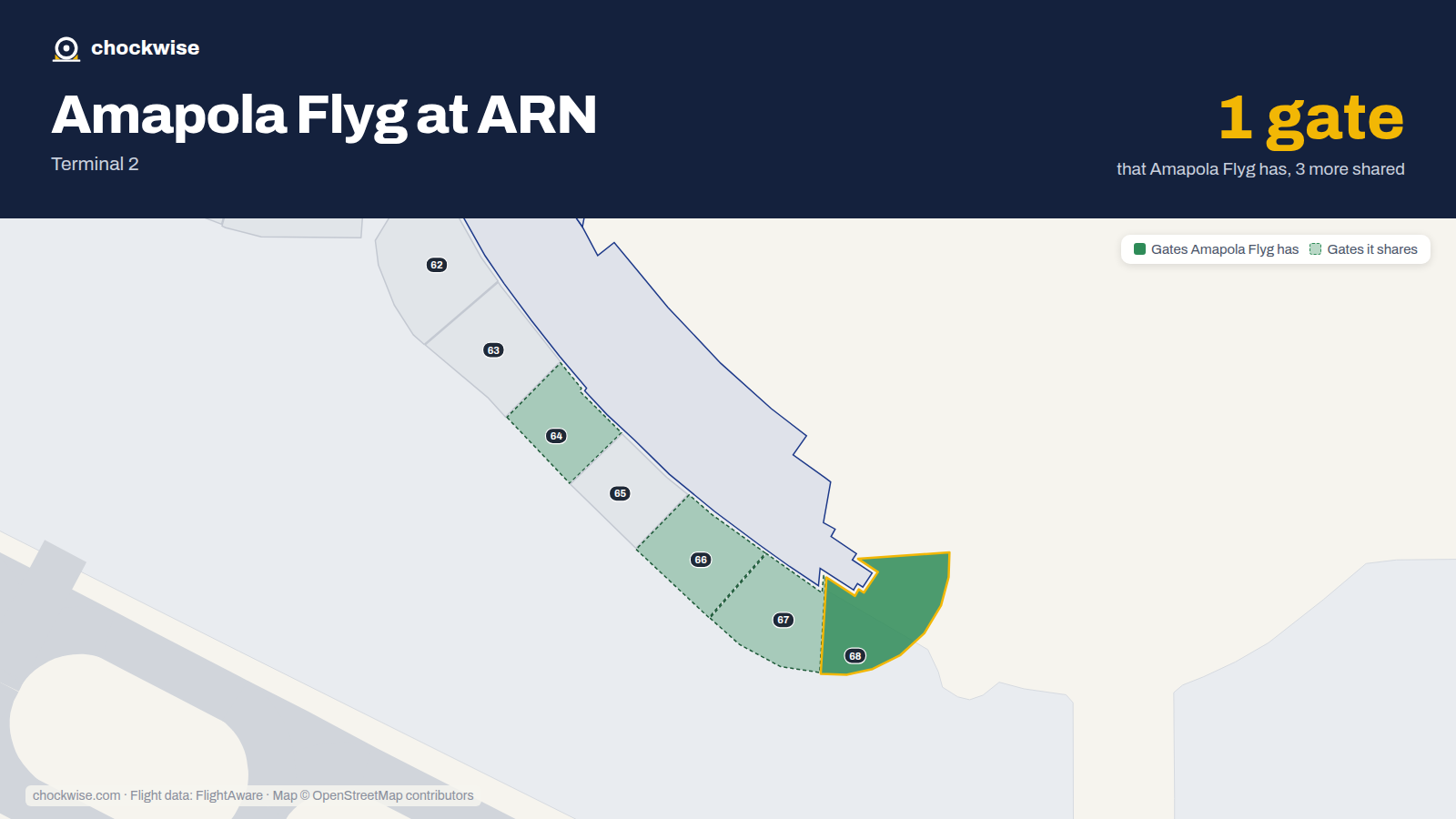Map of ARN with the gates Amapola Flyg uses highlighted: 68.