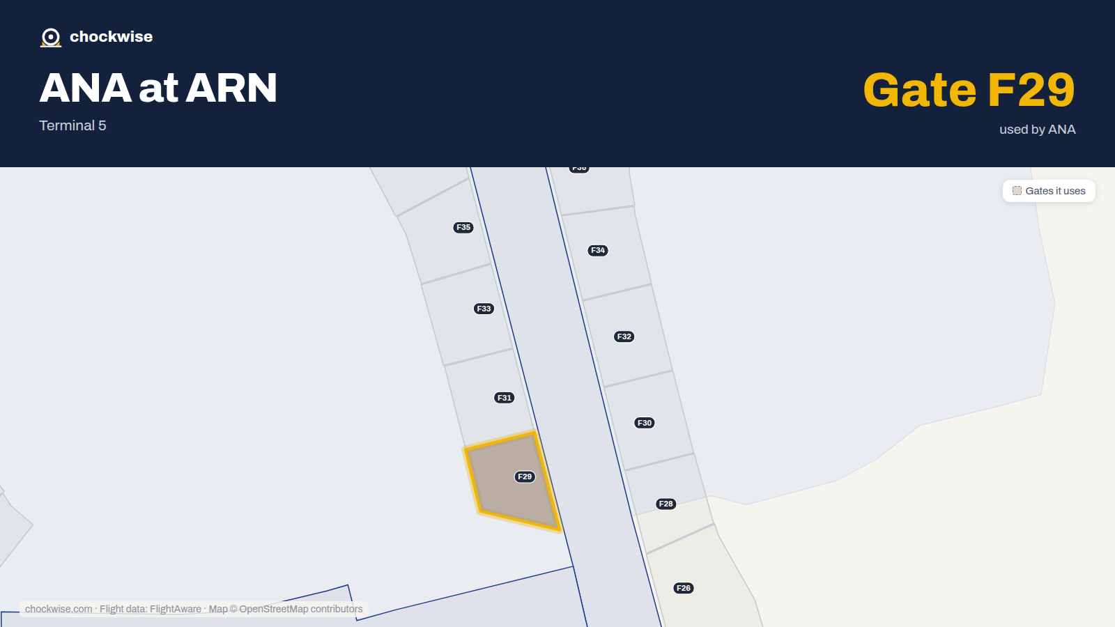 Map of ARN with the gates All Nippon Airways (ANA) uses highlighted: F29.