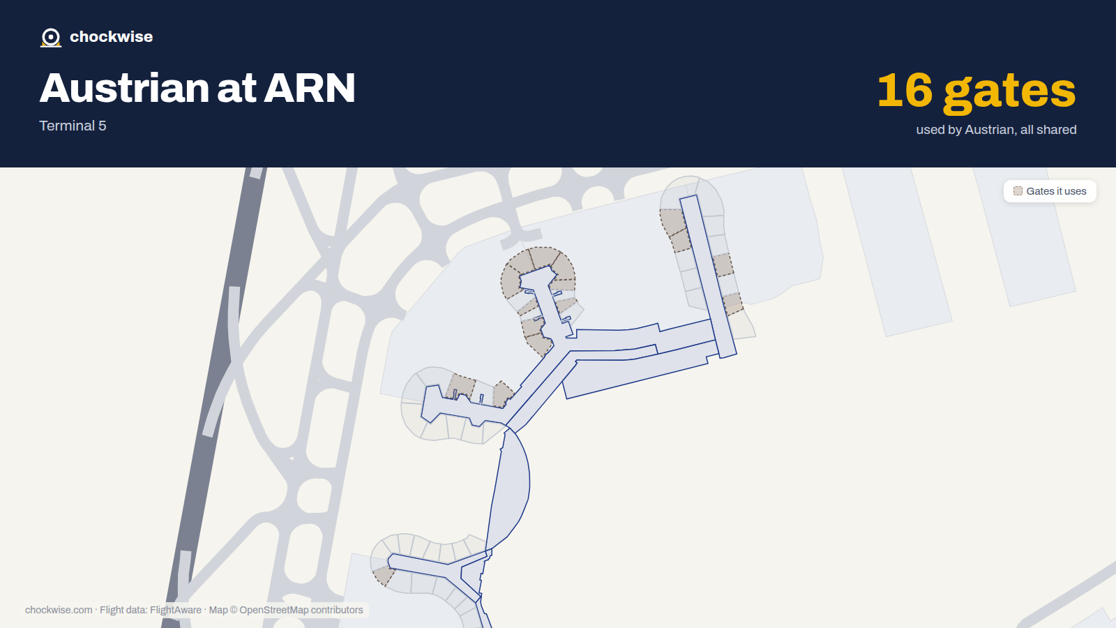 Map of ARN with the gates Austrian Airlines uses highlighted: E1, E3, E4, E5, E6, E7, E8, E9 and 8 more.
