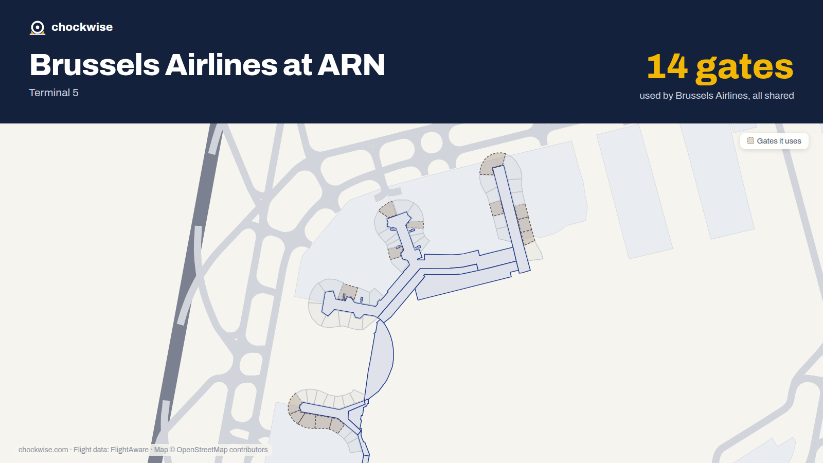 Map of ARN with the gates Brussels Airlines uses highlighted: E3, E6, E9, D16, F28, F30, F32, F33 and 6 more.