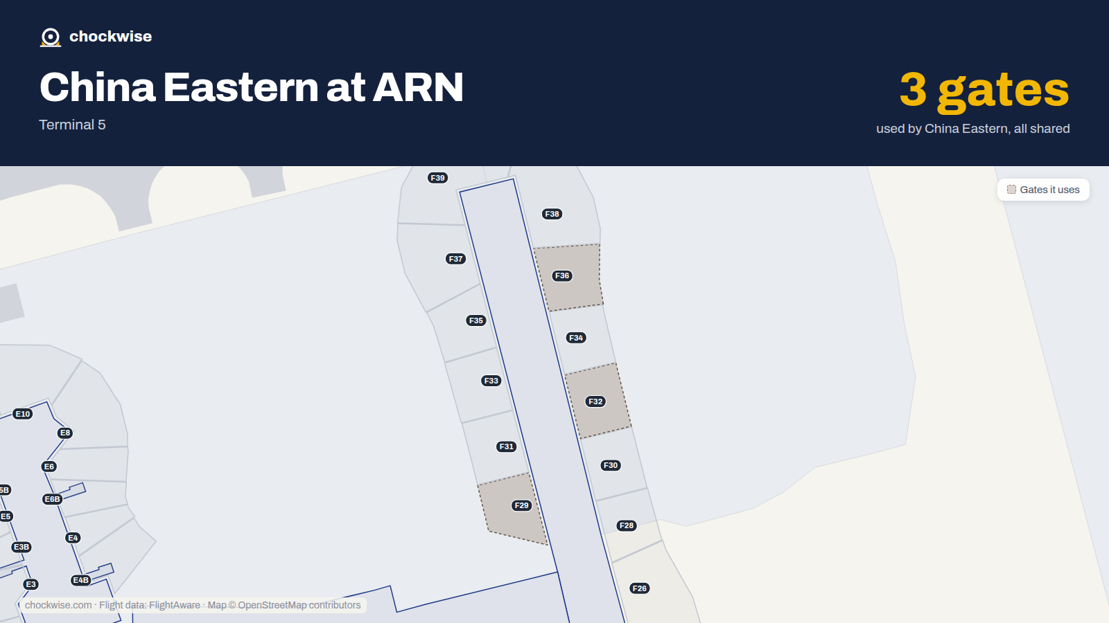Map of ARN with the gates China Eastern uses highlighted: F29, F32 and F36.