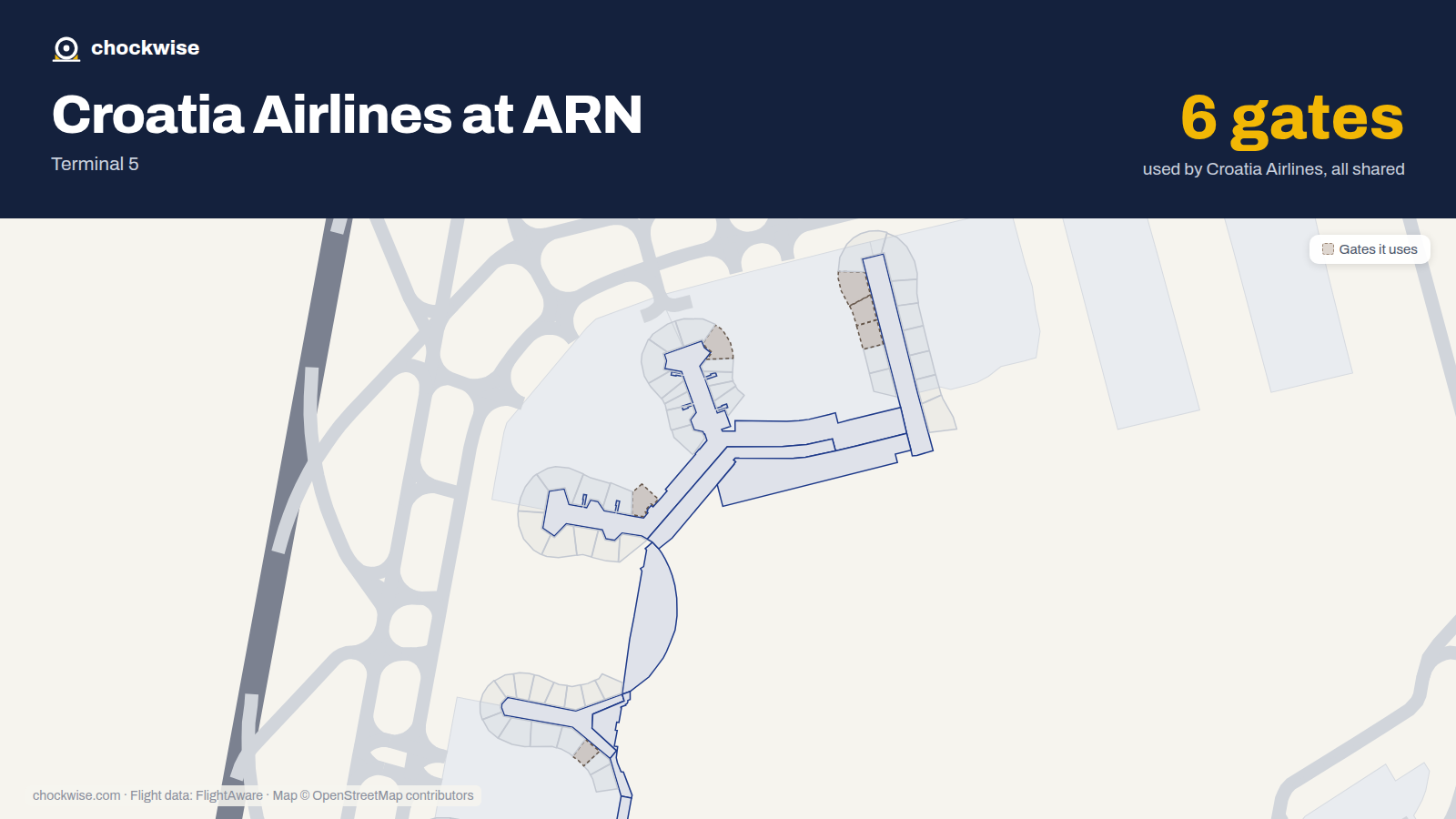 Map of ARN with the gates Croatia Airlines uses highlighted: E8, D12, C33, F33, F35 and F37.