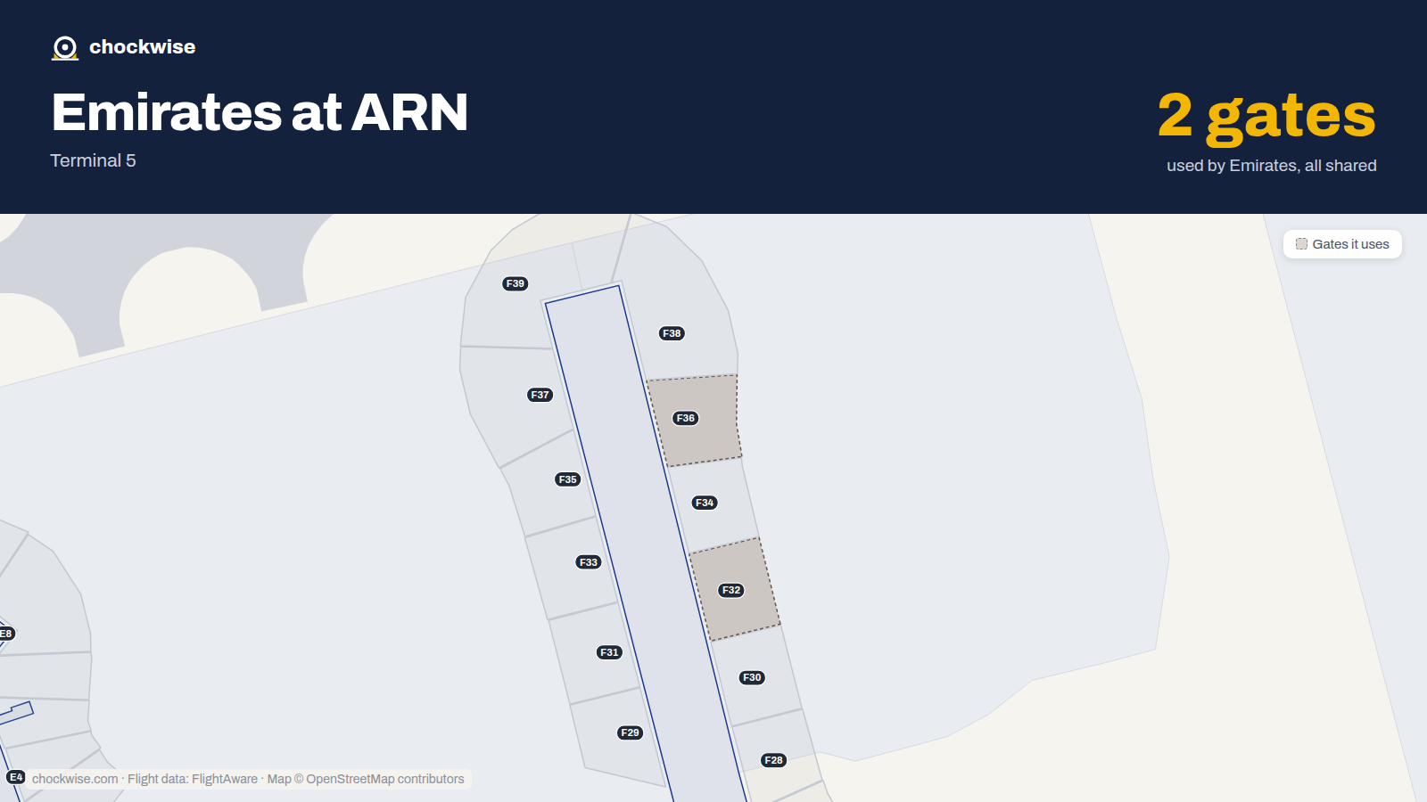 Map of ARN with the gates Emirates uses highlighted: F32 and F36.