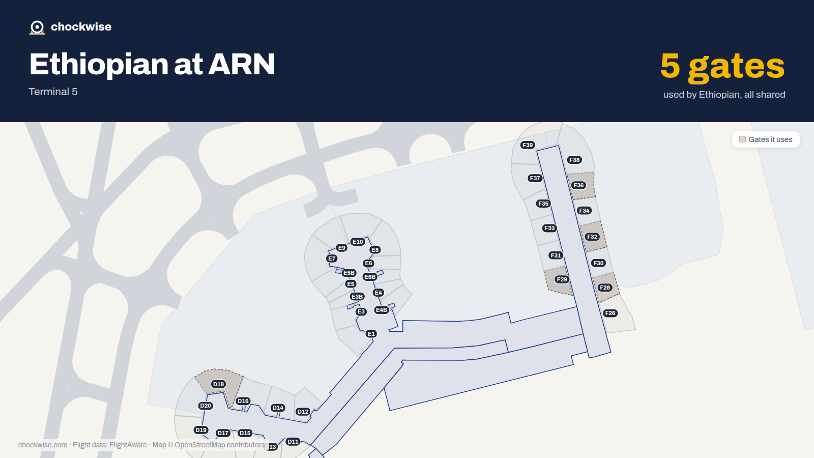 Map of ARN with the gates Ethiopian Airlines uses highlighted: D18, F28, F29, F32 and F36.