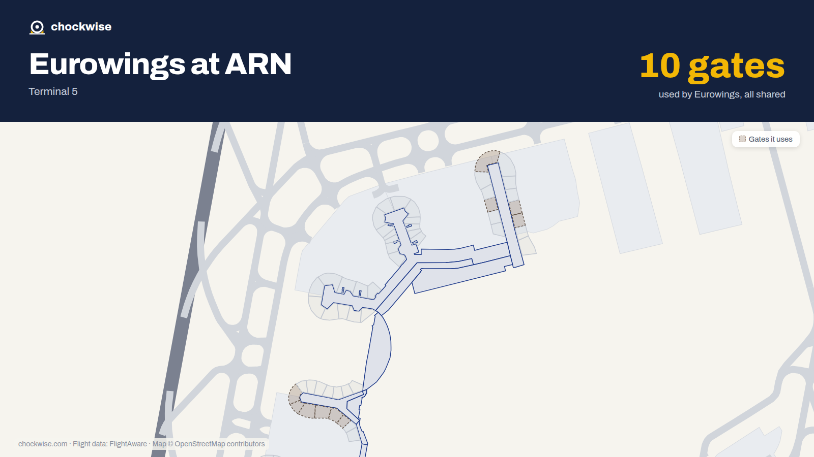 Map of ARN with the gates Eurowings uses highlighted: F30, F32, C33, F33, C35, C37, C39, F39 and 2 more.