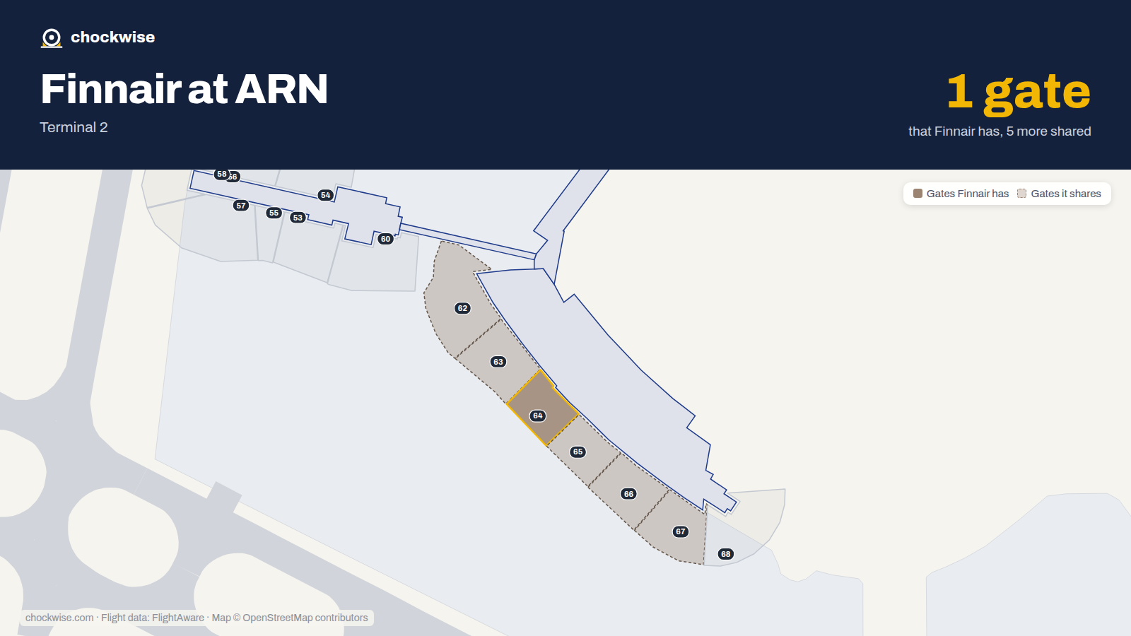 Map of ARN with the gates Finnair uses highlighted: 64.