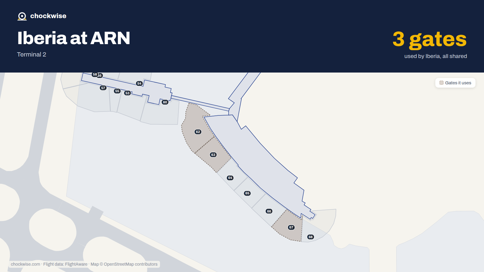 Map of ARN with the gates Iberia uses highlighted: 62, 63 and 67.