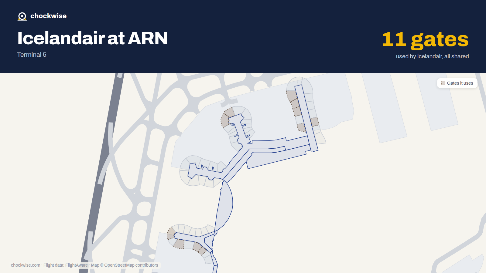 Map of ARN with the gates Icelandair uses highlighted: E7, E9, F29, F30, C33, F33, C35, F35 and 3 more.