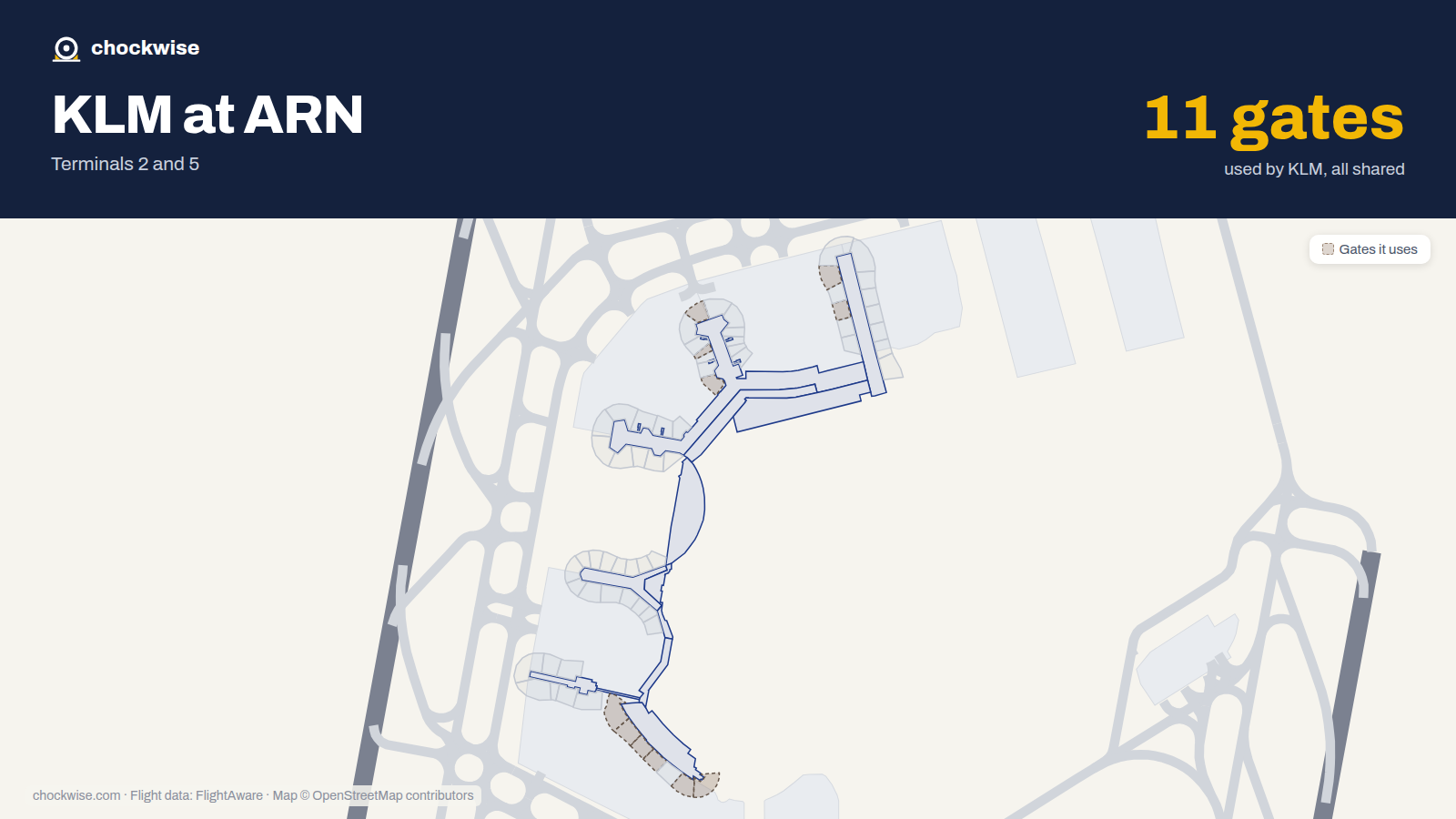 Map of ARN with the gates KLM uses highlighted: E1, E5, E9, F33, F37, 62, 63, 64 and 3 more.
