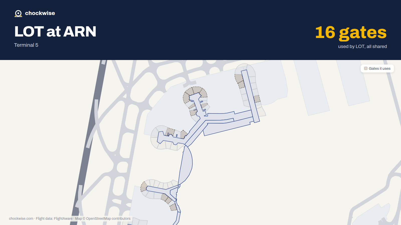 Map of ARN with the gates LOT Polish Airlines uses highlighted: E3, E4, E5, E7, E8, E9, E10, D12 and 8 more.