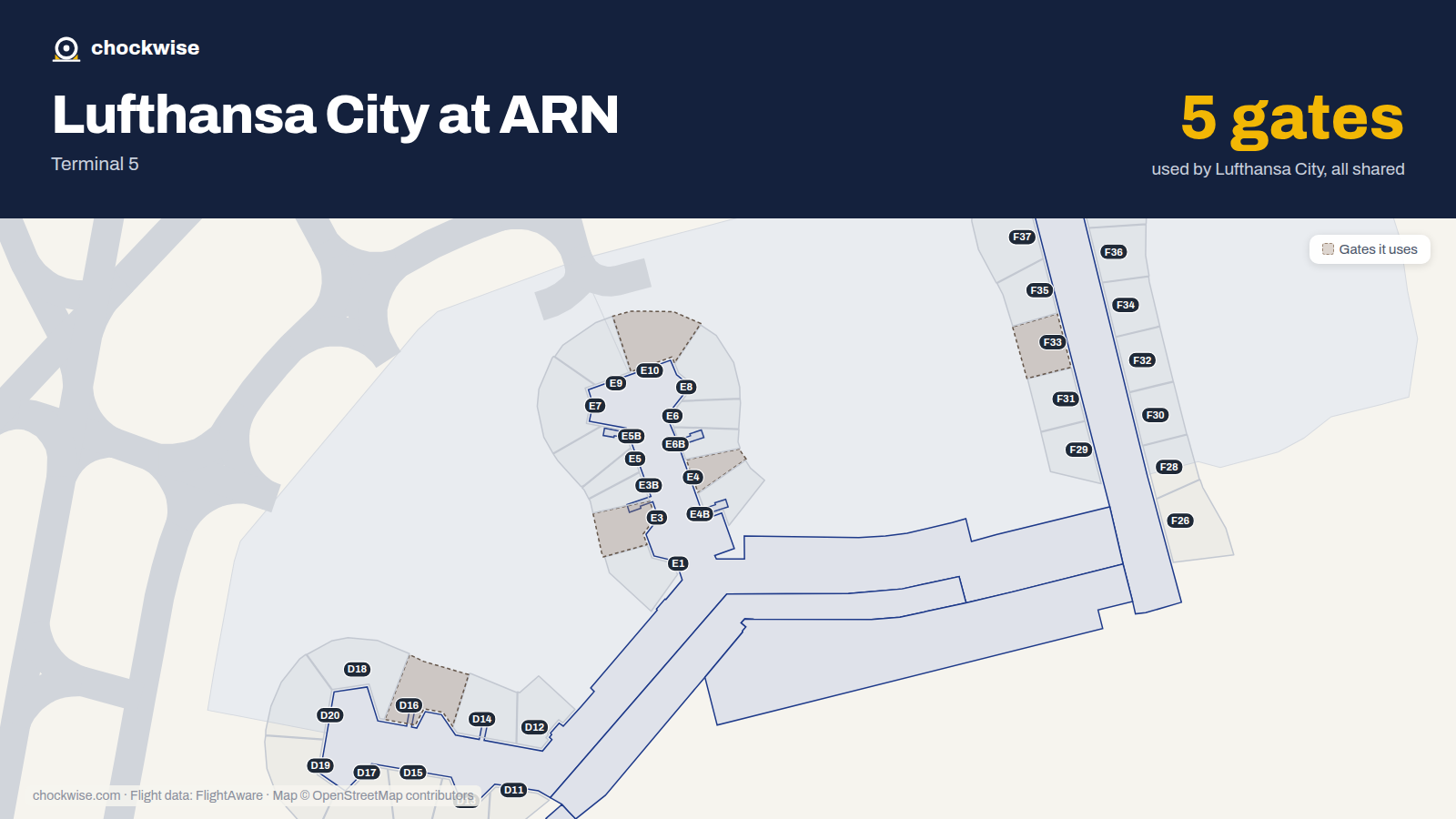 Map of ARN with the gates Lufthansa City Airlines uses highlighted: E3, E4, E10, D16 and F33.