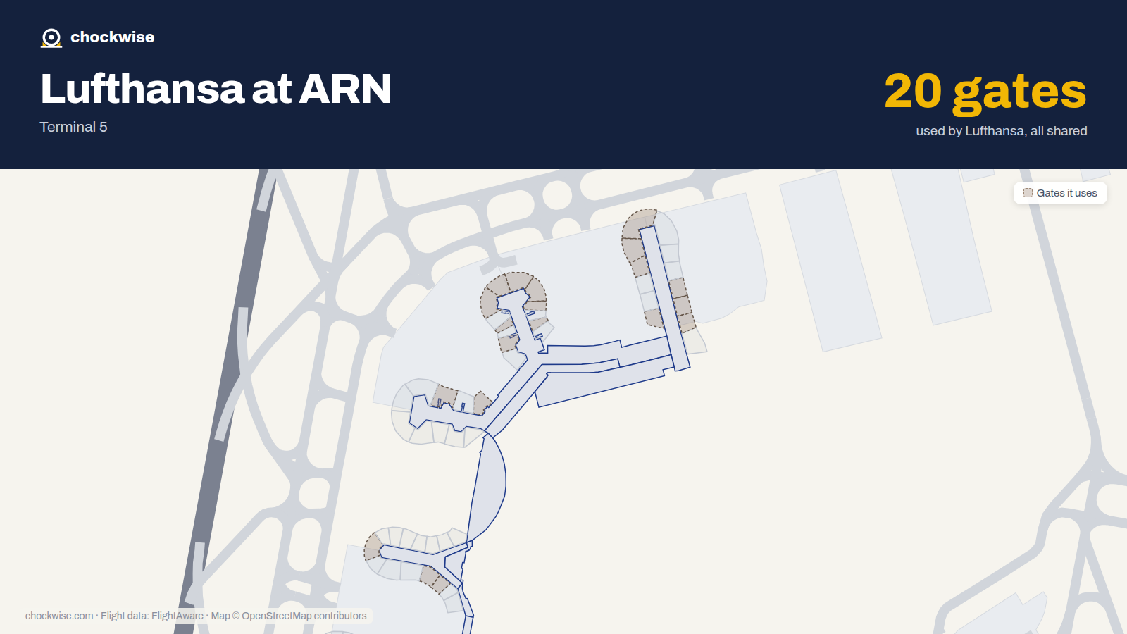 Map of ARN with the gates Lufthansa uses highlighted: E3, E4, E5, E6, E7, E8, E9, E10 and 12 more.