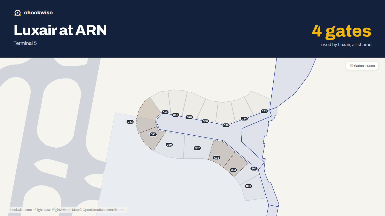 Map of ARN with the gates Luxair uses highlighted: C33, C35, C41 and C43.