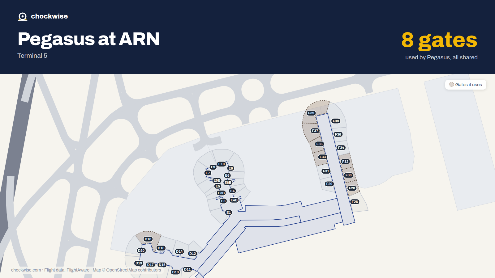 Map of ARN with the gates Pegasus Airlines uses highlighted: D18, F28, F30, F32, F33, F35, F37 and F39.