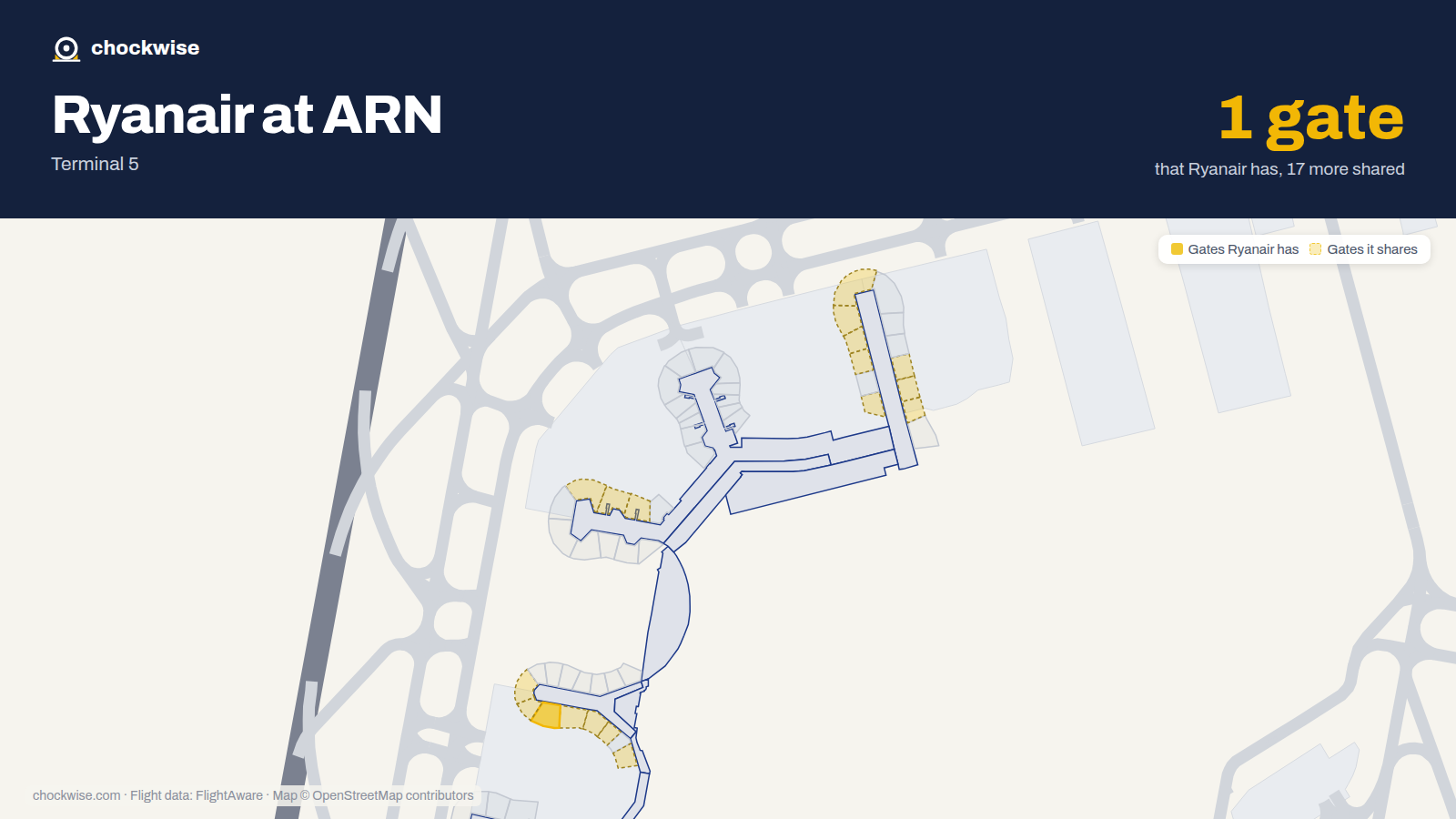 Map of ARN with the gates Ryanair uses highlighted: C39.