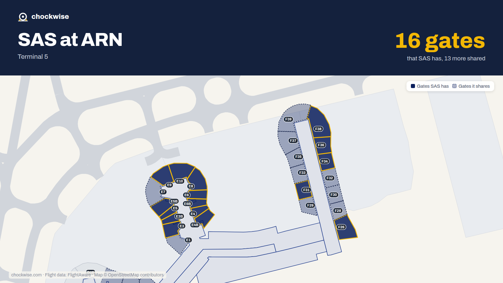 Map of ARN with the gates SAS Scandinavian Airlines uses highlighted: E3, E3B, E4, E4B, E5, E5B, E6, E6B and 8 more.