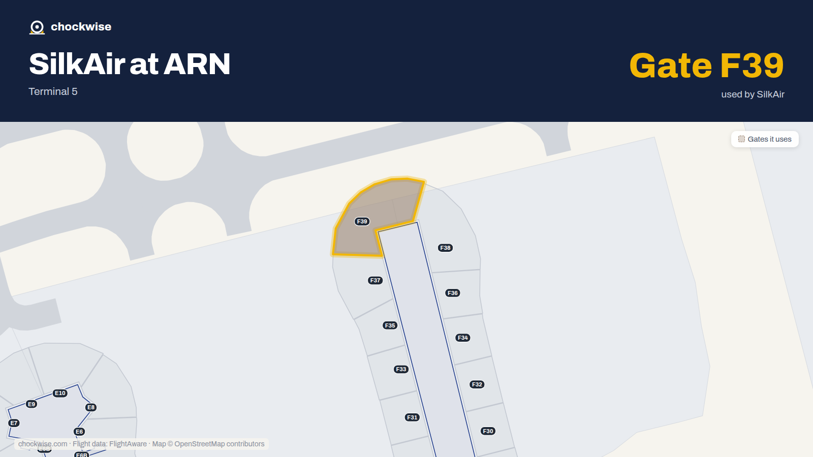 Map of ARN with the gates SilkAir uses highlighted: F39.