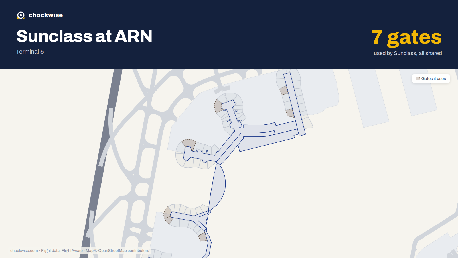 Map of ARN with the gates Sunclass Airlines uses highlighted: E7, D18, F29, C31, F35, C41 and C43.