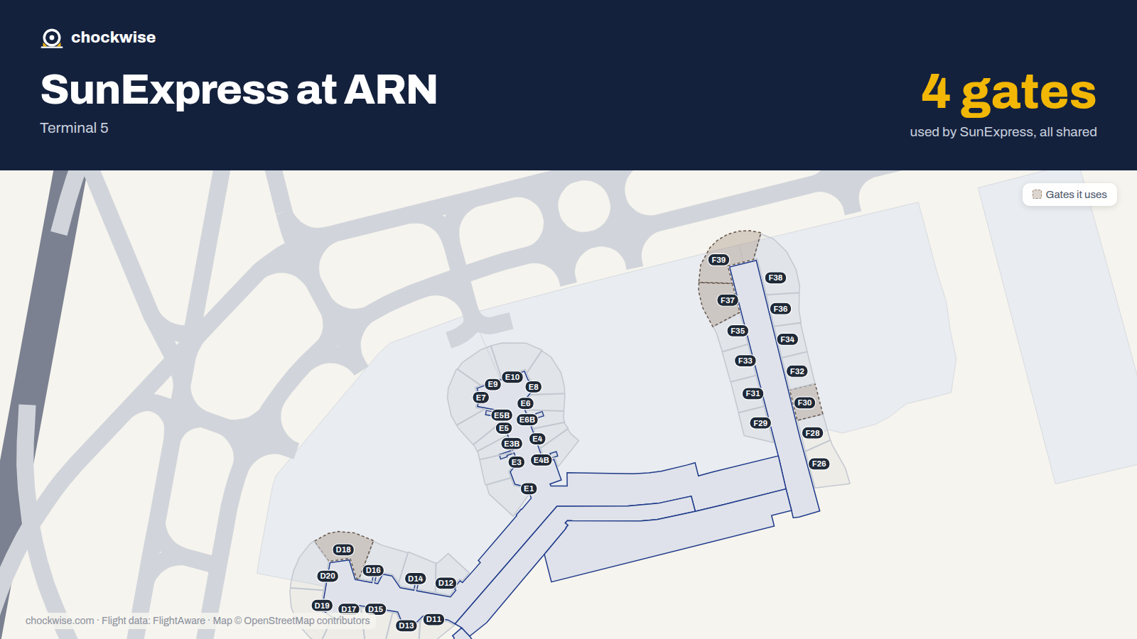 Map of ARN with the gates SunExpress uses highlighted: D18, F30, F37 and F39.