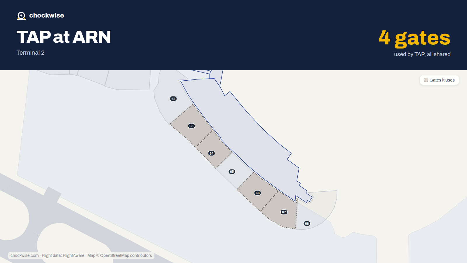 Map of ARN with the gates TAP Air Portugal uses highlighted: 63, 64, 66 and 67.