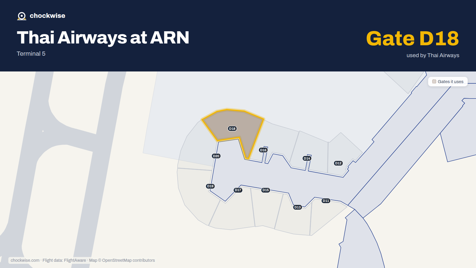 Map of ARN with the gates Thai Airways uses highlighted: D18.