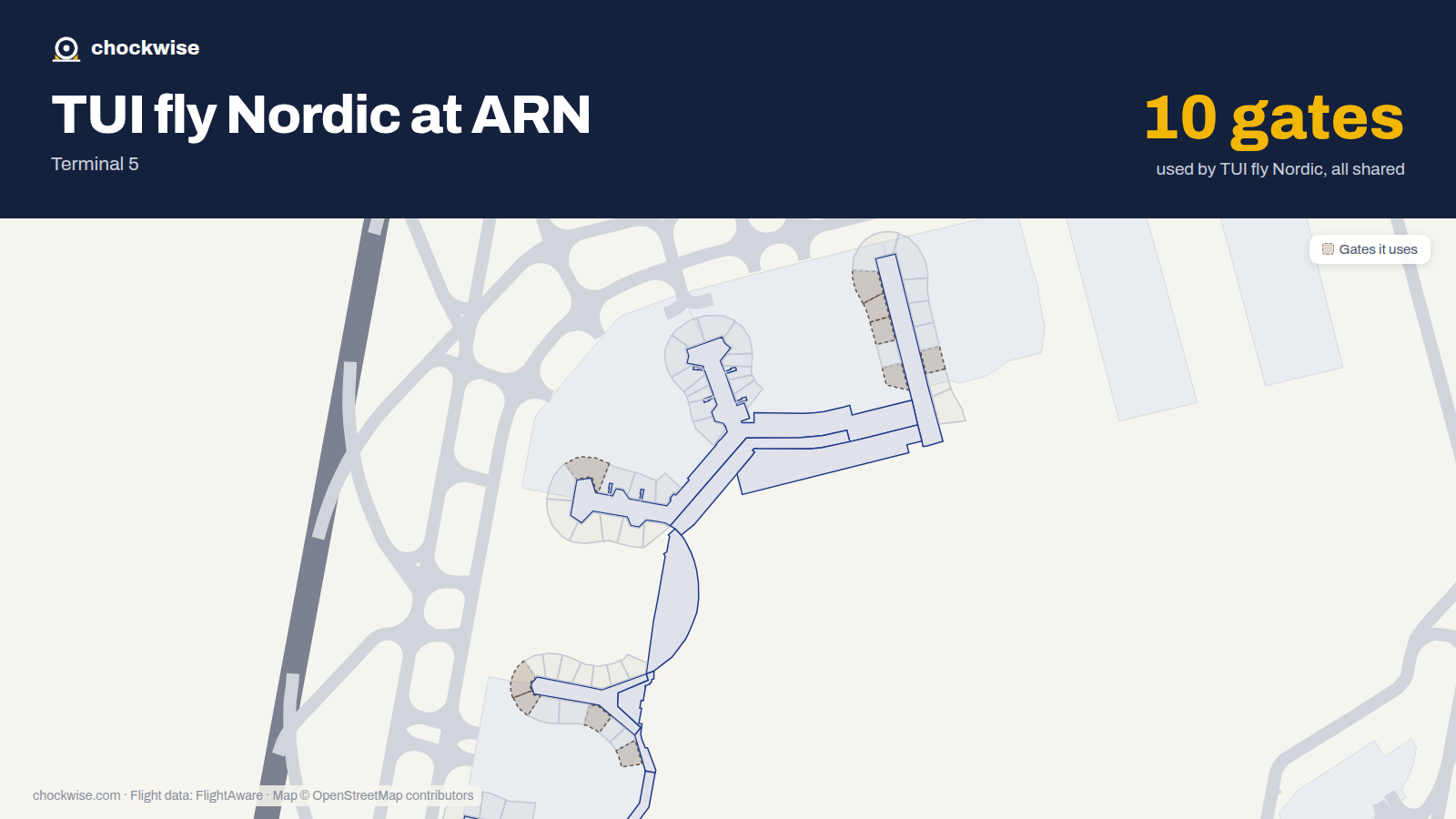 Map of ARN with the gates TUI fly Nordic uses highlighted: D18, F29, F30, C31, F33, C35, F35, F37 and 2 more.