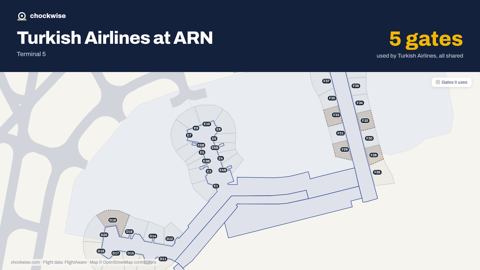 Map of ARN with the gates Turkish Airlines uses highlighted: D18, F28, F29, F32 and F33.