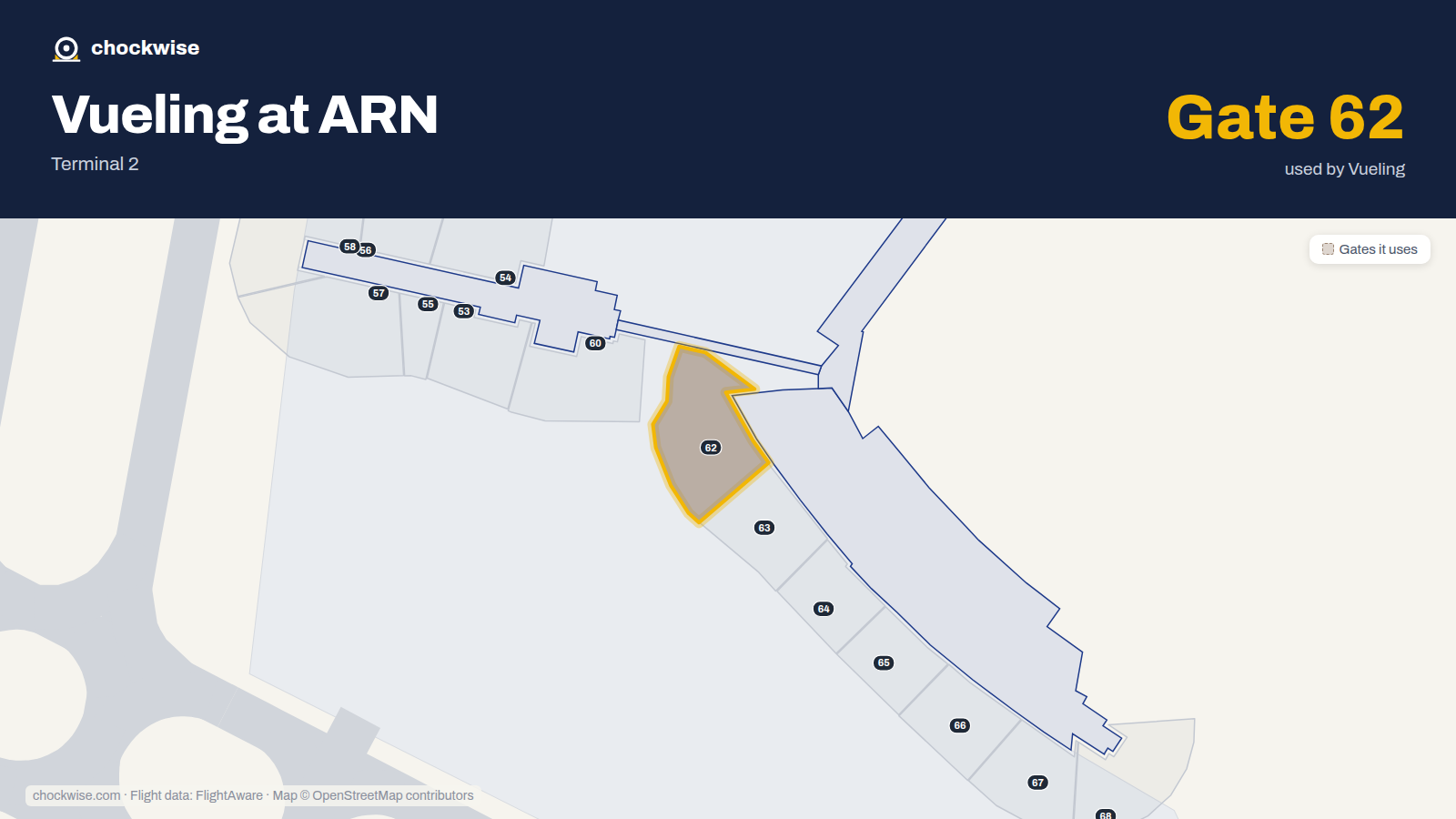 Map of ARN with the gates Vueling uses highlighted: 62.