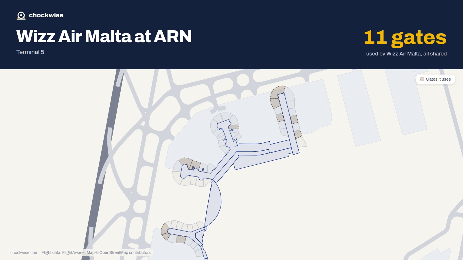 Map of ARN with the gates Wizz Air Malta uses highlighted: E6, D16, D18, F28, F32, F33, C37, F37 and 3 more.