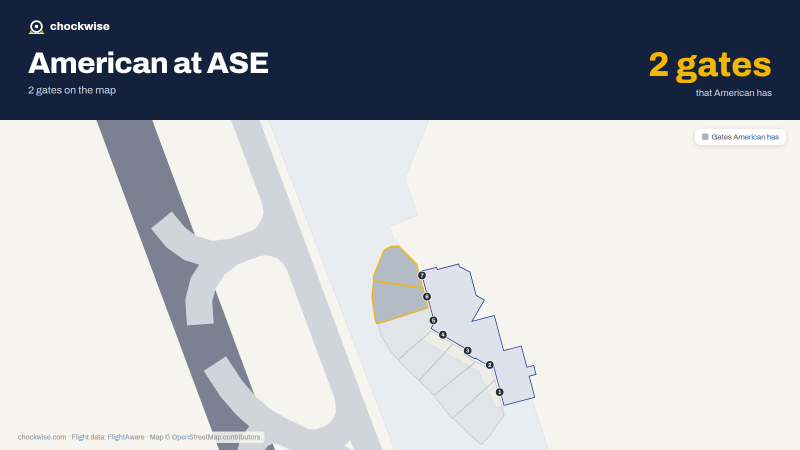 Map of ASE with the gates American Airlines uses highlighted: 6 and 7.