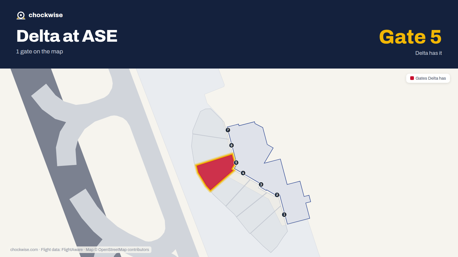 Map of ASE with the gates Delta Air Lines uses highlighted: 5.