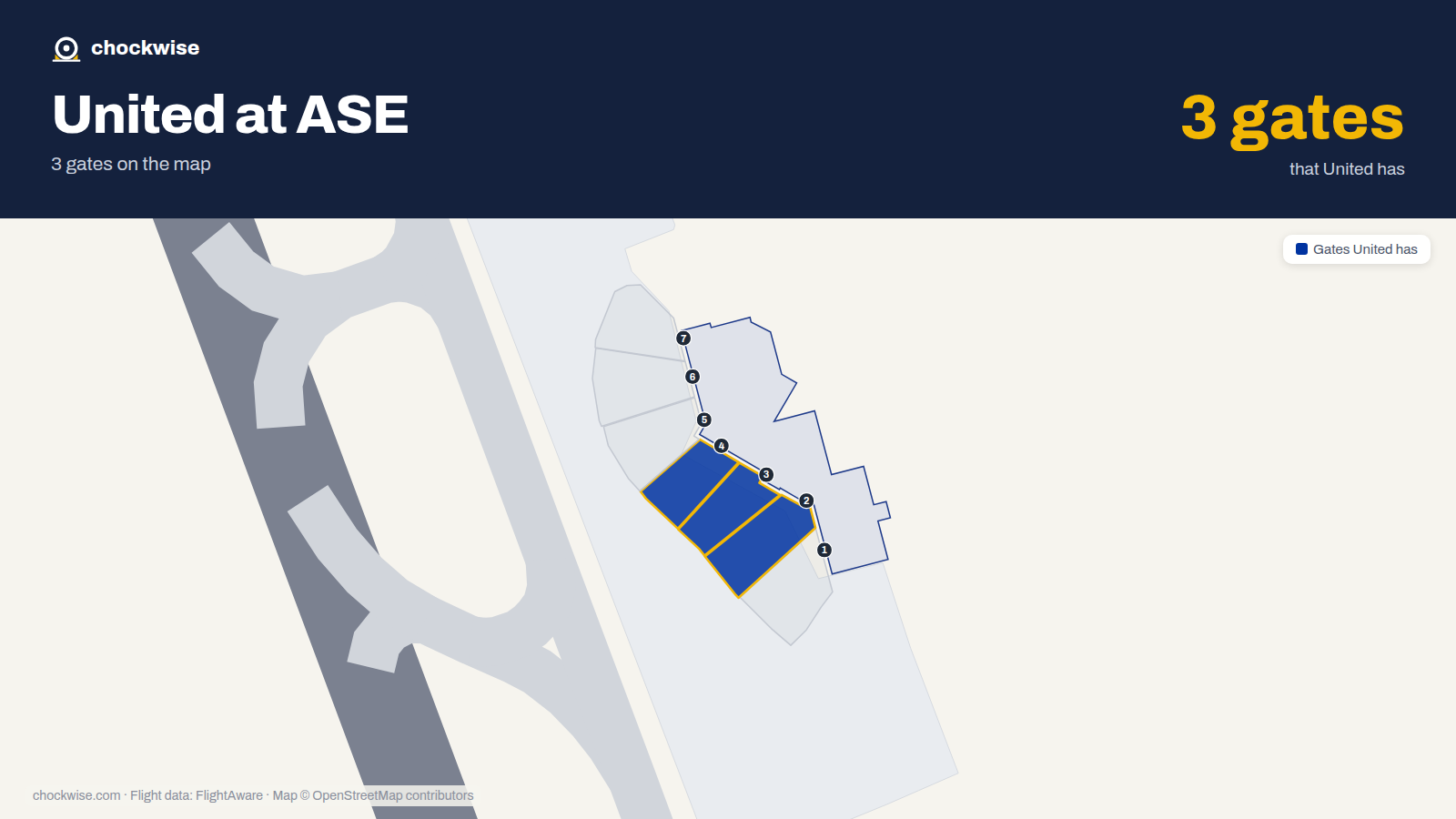 Map of ASE with the gates United Airlines uses highlighted: 2, 3 and 4.