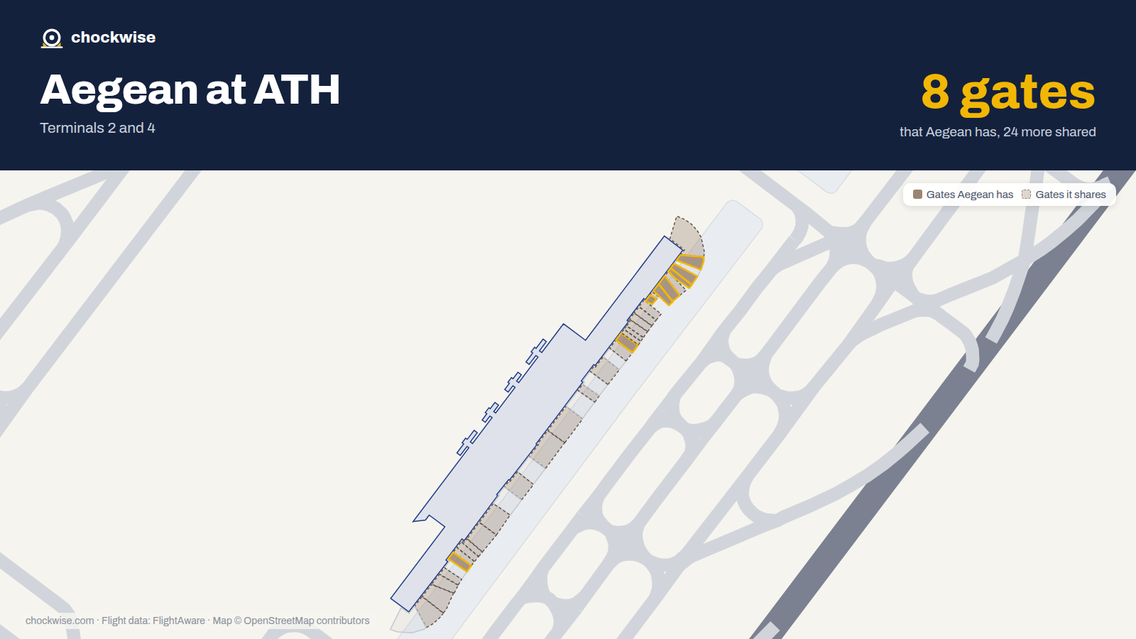 Map of ATH with the gates Aegean Airlines uses highlighted: B20, A23, B26, B27, B28, B29, B30 and B31.