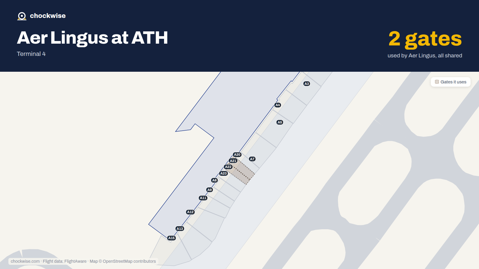 Map of ATH with the gates Aer Lingus uses highlighted: A21 and A22.
