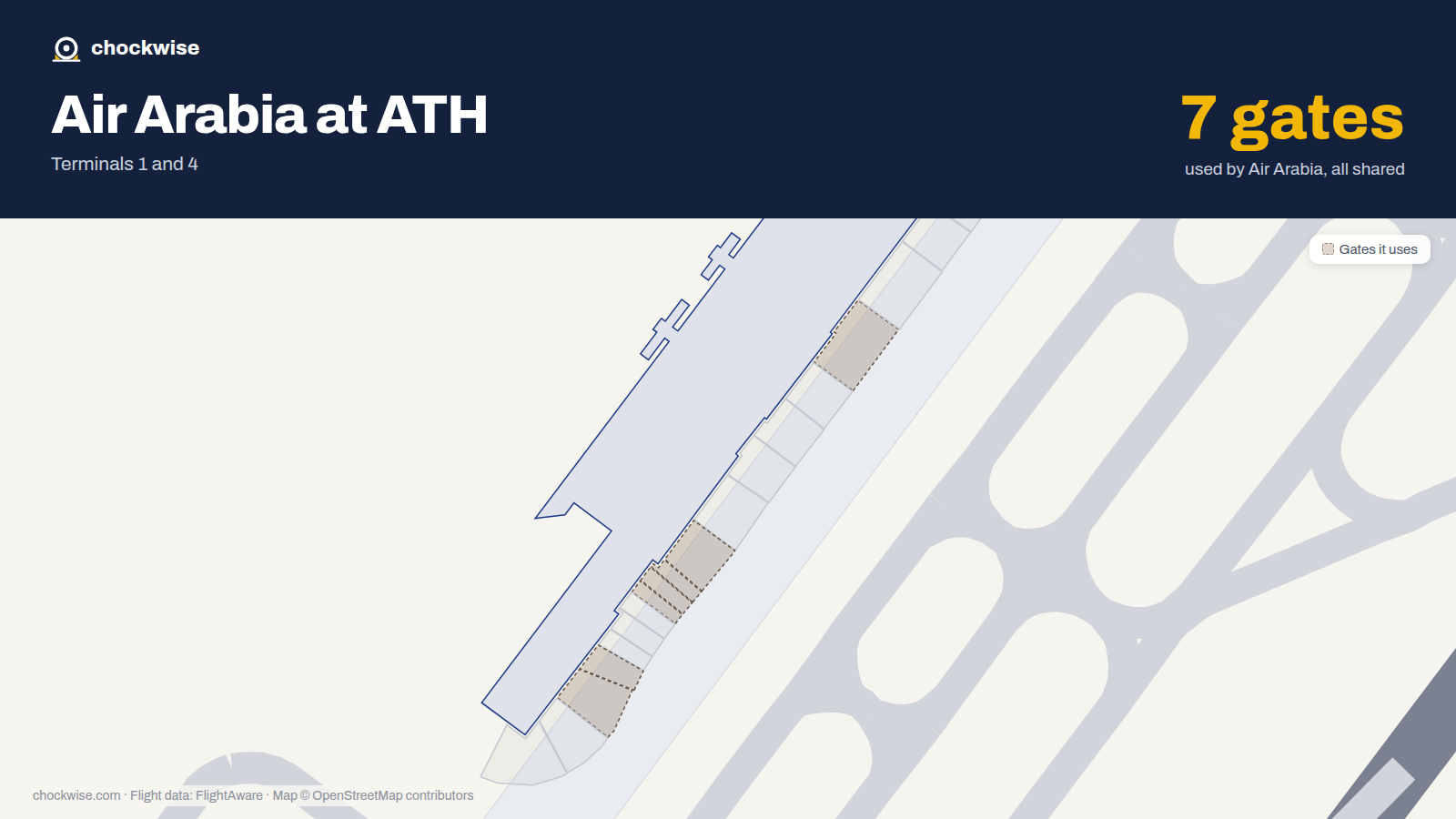 Map of ATH with the gates Air Arabia uses highlighted: A1, A7, A11, A12, A20, A21 and A22.