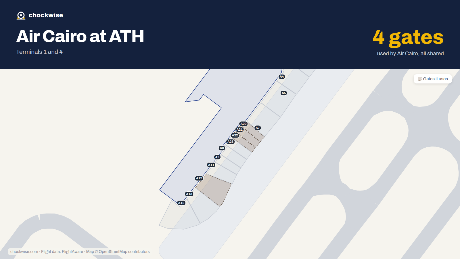 Map of ATH with the gates Air Cairo uses highlighted: A12, A20, A21 and A22.