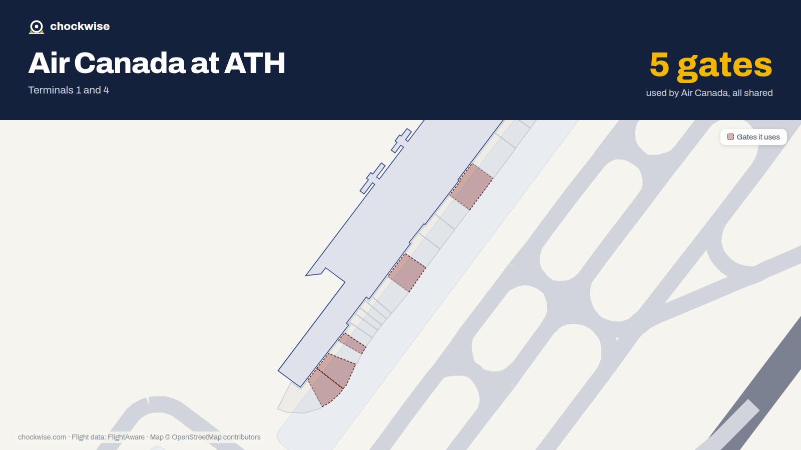 Map of ATH with the gates Air Canada uses highlighted: A1, A5, A9, A12 and A13.
