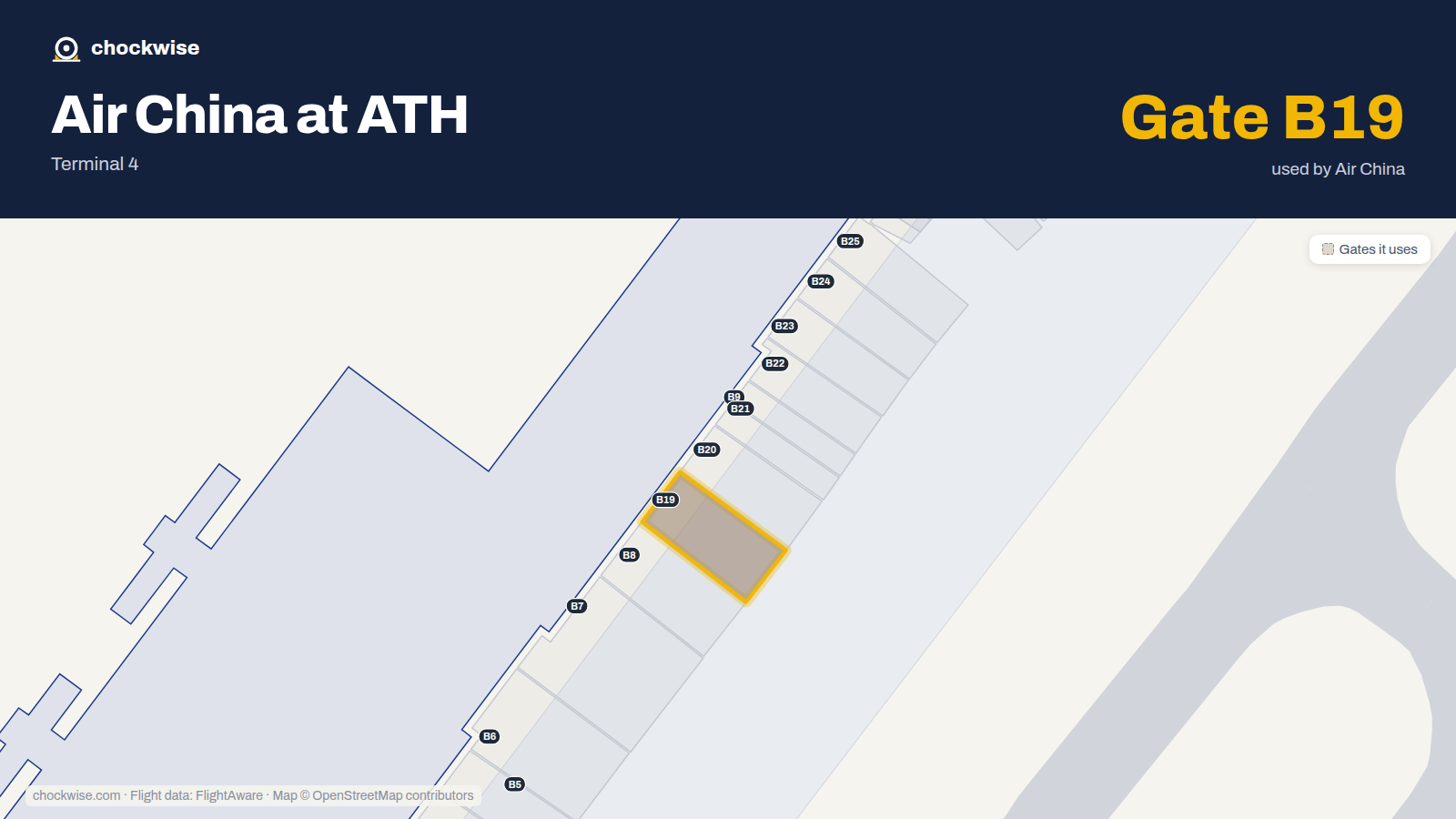Map of ATH with the gates Air China uses highlighted: B19.