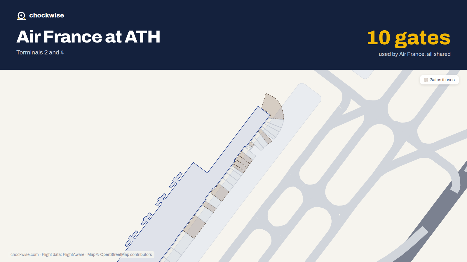 Map of ATH with the gates Air France uses highlighted: B3, B5, B7, B9, B12, B13, B15, B22 and 2 more.