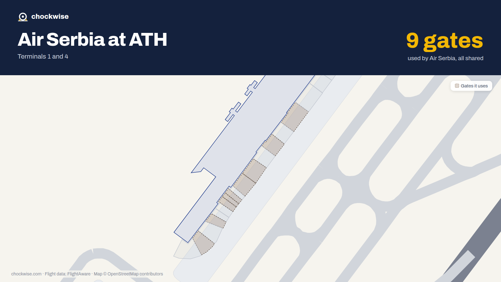 Map of ATH with the gates Air Serbia uses highlighted: A1, A3, A5, A7, A11, A13, A21, A22 and 1 more.