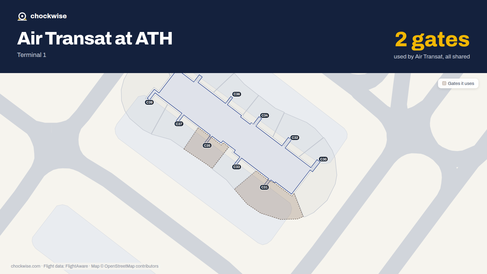 Map of ATH with the gates Air Transat uses highlighted: C31 and C35.