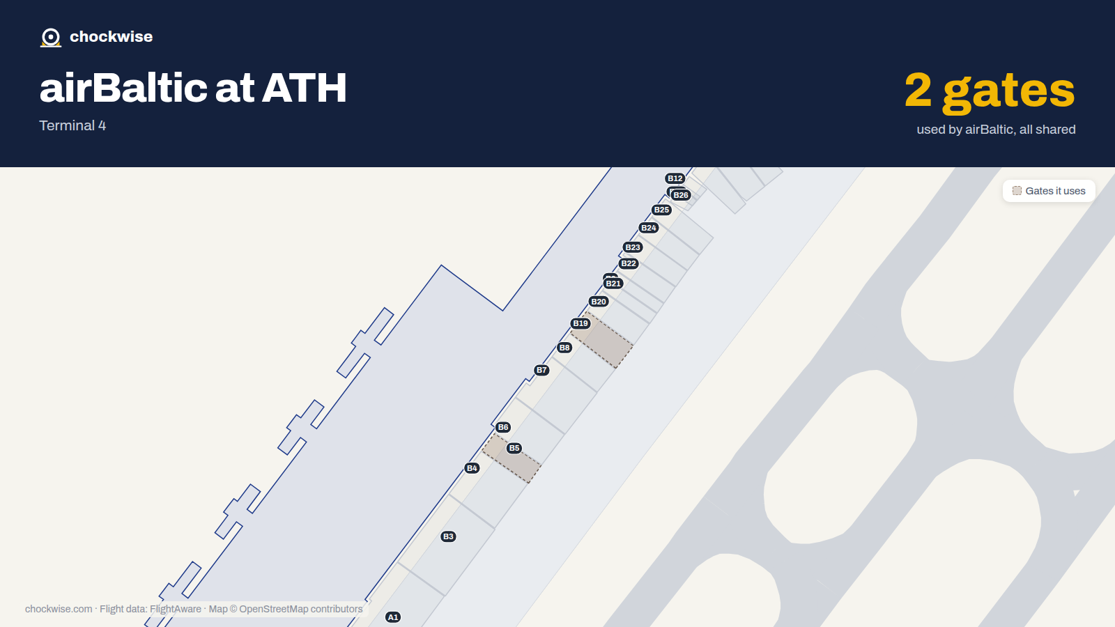 Map of ATH with the gates airBaltic uses highlighted: B5 and B19.