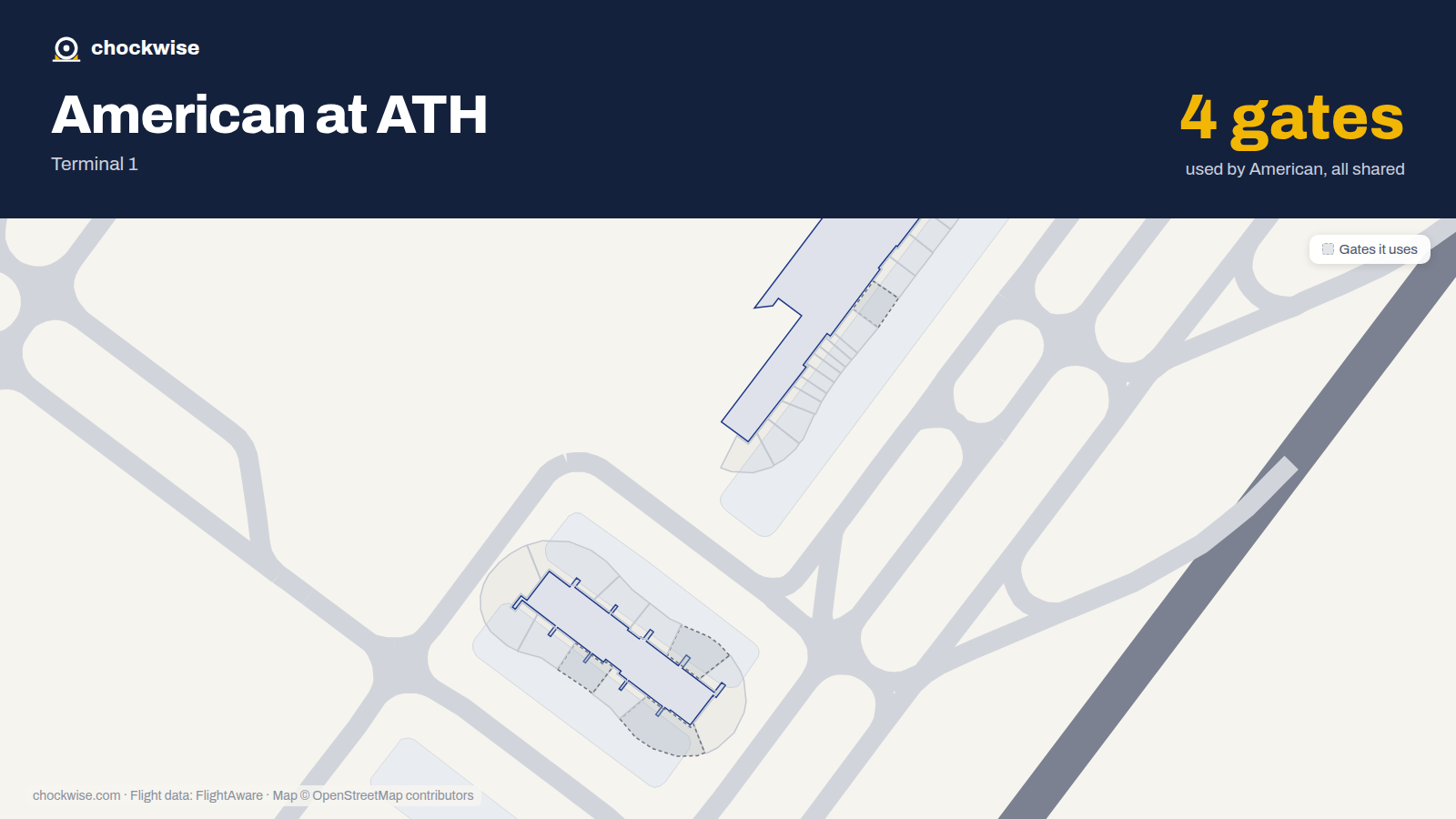 Map of ATH with the gates American Airlines uses highlighted: A5, C31, C32 and C35.